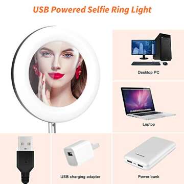 Portable Multi-Functional 6.3" Dimmable LED Selfie Continuous Video Halo Ring Light Zoom Live Stream Phone Holder Stand with Makeup Vanity Mirror Foldable Online Meeting Table Lamp (Black)