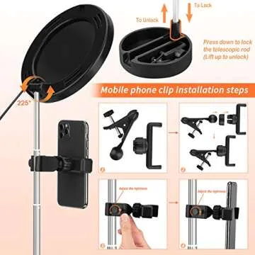 Portable Multi-Functional 6.3" Dimmable LED Selfie Continuous Video Halo Ring Light Zoom Live Stream Phone Holder Stand with Makeup Vanity Mirror Foldable Online Meeting Table Lamp (Black)