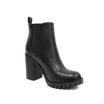 Soda Glove - Ankle Boot w/Lug Sole Elastic Gore and Chunky Heel (8, Black (PU))