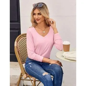 Zeagoo Pink Long Sleeve Shirts for Women V Neck Tshirts Loose Fit Fall Tops S