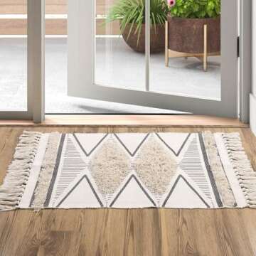 LEEVAN Bathroom Rug 2'x3' Boho Kitchen Rug Washable Tufted Geometric Rugs with Tassels Farmhouse Lau...