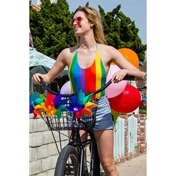 Tipsy Elves One Piece Swimsuit Womens Cute Backless Adjustable Tie Neck Bathing Suits for Women - Colorful LGBTQ Gay Pride Flag Swim Swear - Multi Colored Rainbow Bathing Suit Size Medium