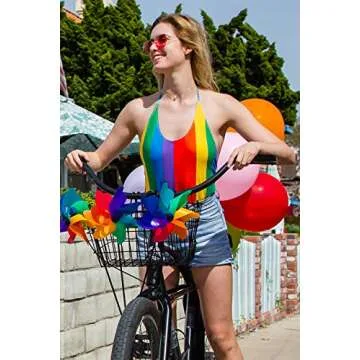 Tipsy Elves One Piece Swimsuit Womens Cute Backless Adjustable Tie Neck Bathing Suits for Women - Colorful LGBTQ Gay Pride Flag Swim Swear - Multi Colored Rainbow Bathing Suit Size Medium