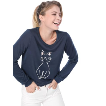 Allegra K Women's Cat Print Sweatshirt in Blue