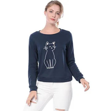 Allegra K Women's Cat Print Sweatshirt in Blue