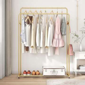 FJANKUI Double Rod Clothing Garment Rack, Heavy Duty Metal Rolling Clothes Rack with Wheels with 4 F...