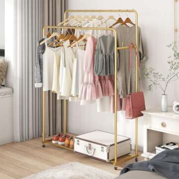 FJANKUI Double Rod Clothing Garment Rack, Heavy Duty Metal Rolling Clothes Rack with Wheels with 4 Fixed Hooks, Multi-Functional Bedroom Organizer Hanging Clothes, Gold
