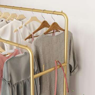 FJANKUI Double Rod Clothing Garment Rack, Heavy Duty Metal Rolling Clothes Rack with Wheels with 4 Fixed Hooks, Multi-Functional Bedroom Organizer Hanging Clothes, Gold