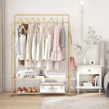 FJANKUI Double Rod Clothing Garment Rack, Heavy Duty Metal Rolling Clothes Rack with Wheels with 4 Fixed Hooks, Multi-Functional Bedroom Organizer Hanging Clothes, Gold