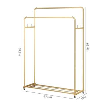FJANKUI Double Rod Clothing Garment Rack, Heavy Duty Metal Rolling Clothes Rack with Wheels with 4 Fixed Hooks, Multi-Functional Bedroom Organizer Hanging Clothes, Gold