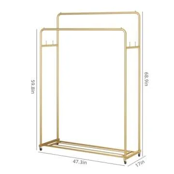 FJANKUI Double Rod Clothing Garment Rack, Heavy Duty Metal Rolling Clothes Rack with Wheels with 4 Fixed Hooks, Multi-Functional Bedroom Organizer Hanging Clothes, Gold