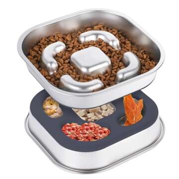 Metal Slow Feeder Dog Bowls 5 Cups for Large Bleed, Food-Grade 304 Stainless Steel with Non-Slip Silicone Base, Dishwasher Safe, for Dry, Wet, or Raw Food