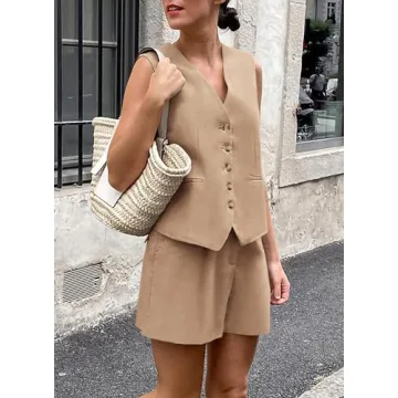 PRETTYGARDEN Two Piece Outfits for Women Summer Button Up V Neck Vest Waistcoat and Pockets Shorts Chic Casual Matching Sets (Khaki,Small)