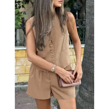 PRETTYGARDEN Two Piece Outfits for Women Summer Button Up V Neck Vest Waistcoat and Pockets Shorts Chic Casual Matching Sets (Khaki,Small)