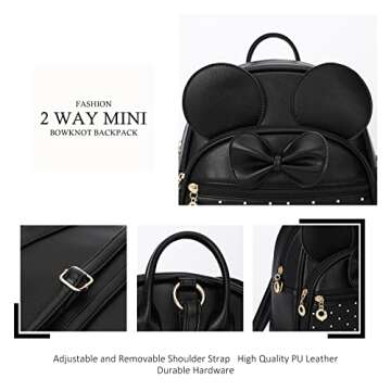 KL928 Girls Mini Backpack Bowknot Polka Dot Cute Daypacks Convertible Shoulder Bag Purse for Women (Black)