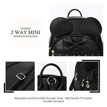 KL928 Girls Mini Backpack Bowknot Polka Dot Cute Daypacks Convertible Shoulder Bag Purse for Women (Black)