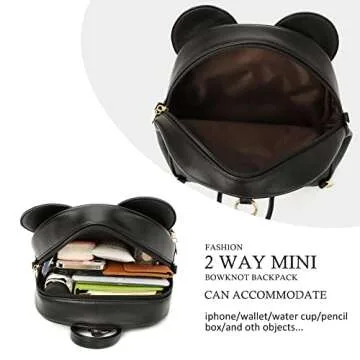 KL928 Girls Mini Backpack Bowknot Polka Dot Cute Daypacks Convertible Shoulder Bag Purse for Women (Black)