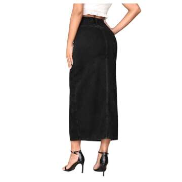 SweatyRocks Women's Casual High Waist Denim Skirt Split Hem Raw Trim Midi Jean Skirts Black S