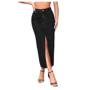 SweatyRocks Women's Casual High Waist Denim Skirt Split Hem Raw Trim Midi Jean Skirts Black S