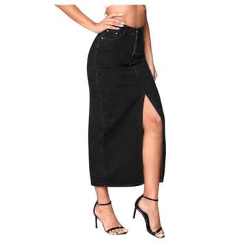 SweatyRocks Women's Casual High Waist Denim Skirt Split Hem Raw Trim Midi Jean Skirts Black S
