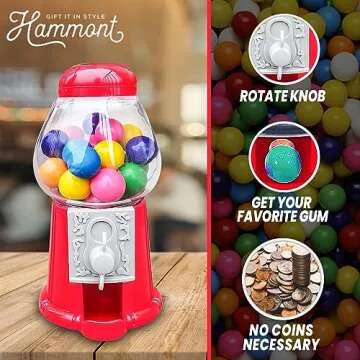 Hammont Gumball Machine - Mini 5" Plastic Bubble Gum Machine - Small Set of Red Bubblegum Vending Dispensers for Kids – Novelty Fun Birthday Party Favor Idea - Fits .5" Small Gumballs - 6 Pack (14mm)