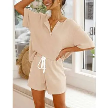KIKIBERRY Women's Short Sleeve Lounge Set with Short Pockets Summer Fashion 2021 Sleepwear Pajamas Sweatsuit PJ Set Apricot Large