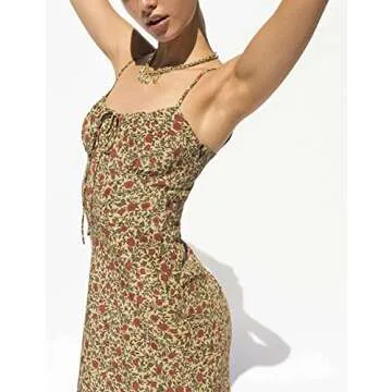 Omoone Women's Floral Dress Low-Cut Square Neck Spaghetti Strap Tie Bodycorn Dresses(2226-Yellow-L)