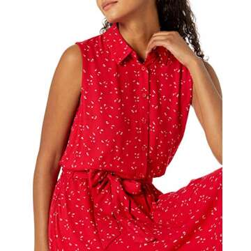Amazon Essentials Women's Sleeveless Relaxed-Fit Woven Shirt Dress, Red Leafy Floral, X-Small