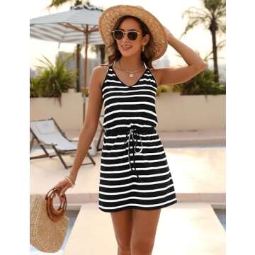 Blooming Jelly Womens Swimsuit Coverup Drawstring Swim Cover up Sleeveless Beach Dresses 2024 (Large, Black Striped)