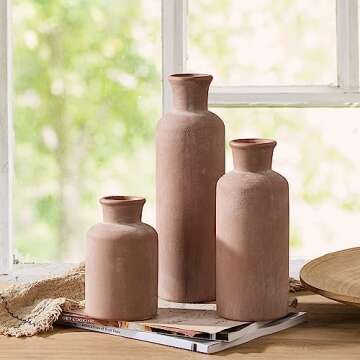 LUKA Ceramic Rustic Farmhouse Vase,Terracotta Vases for Decor,Vase Set of 3,Vase for Your Bedroom,Of...
