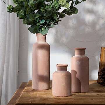 LUKA Ceramic Rustic Farmhouse Vase,Terracotta Vases for Decor,Vase Set of 3,Vase for Your Bedroom,Office,Living Room,Fireplace,Bookshelf Decor,Housewarming 10+7.5+5 Inch