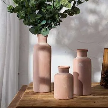 LUKA Ceramic Rustic Farmhouse Vase,Terracotta Vases for Decor,Vase Set of 3,Vase for Your Bedroom,Office,Living Room,Fireplace,Bookshelf Decor,Housewarming 10+7.5+5 Inch