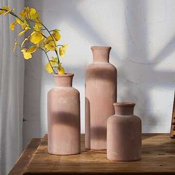 LUKA Ceramic Rustic Farmhouse Vase,Terracotta Vases for Decor,Vase Set of 3,Vase for Your Bedroom,Office,Living Room,Fireplace,Bookshelf Decor,Housewarming 10+7.5+5 Inch