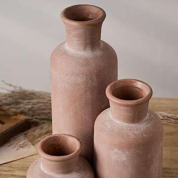 LUKA Ceramic Rustic Farmhouse Vase,Terracotta Vases for Decor,Vase Set of 3,Vase for Your Bedroom,Office,Living Room,Fireplace,Bookshelf Decor,Housewarming 10+7.5+5 Inch