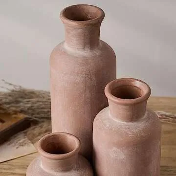 LUKA Ceramic Rustic Farmhouse Vase,Terracotta Vases for Decor,Vase Set of 3,Vase for Your Bedroom,Office,Living Room,Fireplace,Bookshelf Decor,Housewarming 10+7.5+5 Inch