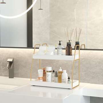 ZGO Bathroom Counter Organizer, Bathroom Organizer Countertop for Bathroom Decor, Wooden Sink Organizer Shelf for Vanity Storage, Makeup Bedroom Corner (2Tier, White and Gold)