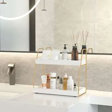 ZGO Bathroom Counter Organizer, Bathroom Organizer Countertop for Bathroom Decor, Wooden Sink Organizer Shelf for Vanity Storage, Makeup Bedroom Corner (2Tier, White and Gold)