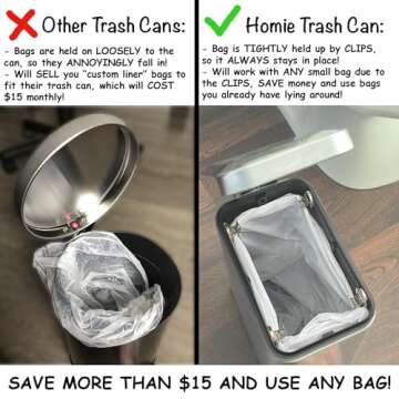 Homie Soft Close, Slim Trash Can 1.6 Gallon with Anti - Bag Slip Liner and Lid, Use as Mini Garbage Basket, Slim Dust Bin, or Decor in Bathroom, Restroom, Kitchen, or Bedroom