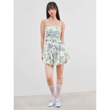 CIDER Women's Summer Cocktail Dress - Tube Ruched Ruffle Mini Dress Blue