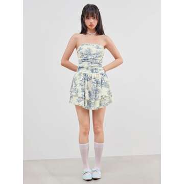 CIDER Women's Summer Cocktail Dress - Tube Ruched Ruffle Mini Dress Blue