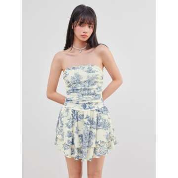 CIDER Women's Summer Cocktail Dress - Tube Ruched Ruffle Mini Dress Blue