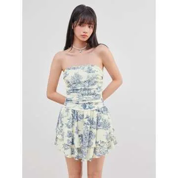 CIDER Women's Summer Cocktail Dress - Tube Ruched Ruffle Mini Dress Blue