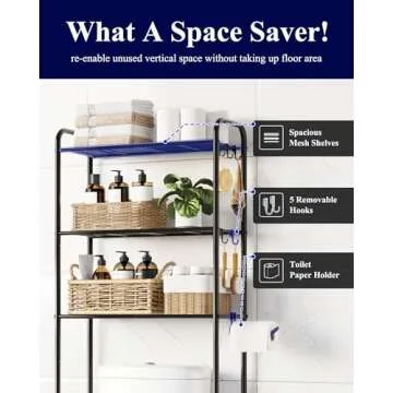 WiseBegan Over Toilet Storage Rack - Metal Over Toilet Bathroom Organizer Shelf, Over The Toilet Storage Cabinet with Paper Holder and Hooks, Bathroom Cabinet for Laundry, Black, 3 Tiers (63.2" H)