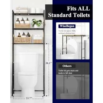WiseBegan Over Toilet Storage Rack - Metal Over Toilet Bathroom Organizer Shelf, Over The Toilet Storage Cabinet with Paper Holder and Hooks, Bathroom Cabinet for Laundry, Black, 3 Tiers (63.2" H)