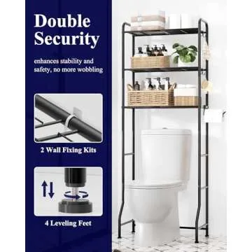 WiseBegan Over Toilet Storage Rack - Metal Over Toilet Bathroom Organizer Shelf, Over The Toilet Storage Cabinet with Paper Holder and Hooks, Bathroom Cabinet for Laundry, Black, 3 Tiers (63.2" H)