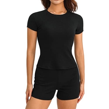 Yuemengxuan Women 2 Piece Floral Sets Y2k Long Sleeve Crop Tops Skinny Tee Shirt High Waist Shorts O...