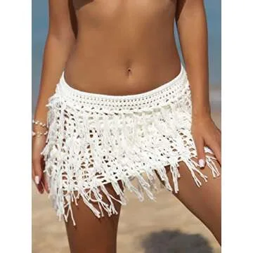 Verdusa Women's Fringe Trim Hollow Out Crochet Short Skirt Cover Up White Small