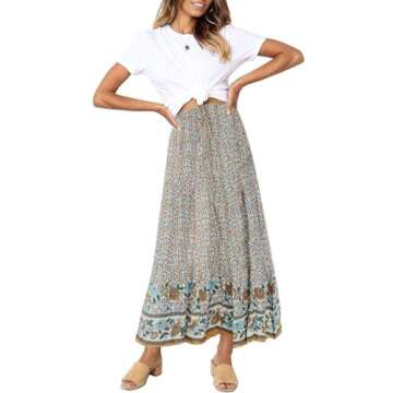MEROKEETY Women's Boho Floral Print Elastic High Waist Pleated A Line Maxi Skirt, S Cream