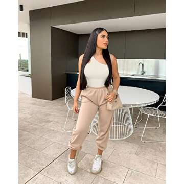 OQQ Women's 3 Piece Sexy Ribbed Sleeveless One Shoulder Tank Top Exercise BodySuit, Black Coffee Beige, Small