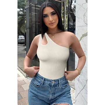 OQQ Women's 3 Piece Sexy Ribbed Sleeveless One Shoulder Tank Top Exercise BodySuit, Black Coffee Beige, Small